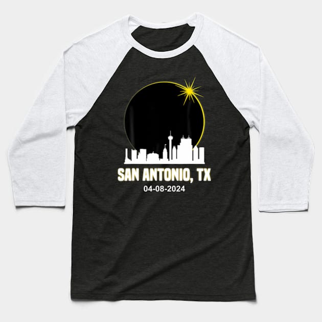 Solar Eclipse 2024 San Antonio Skyline Texas Solar Eclipse Baseball T-Shirt by SanJKaka